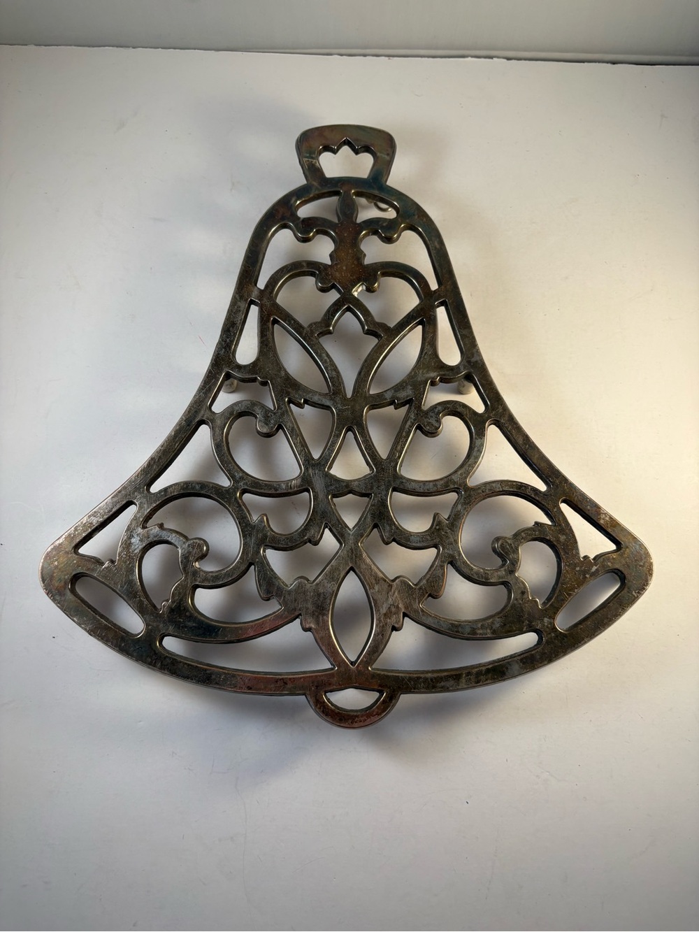 Vintage Metal Christmas Bell Pierced Trivet Large 10.25" Hanger Table Holiday